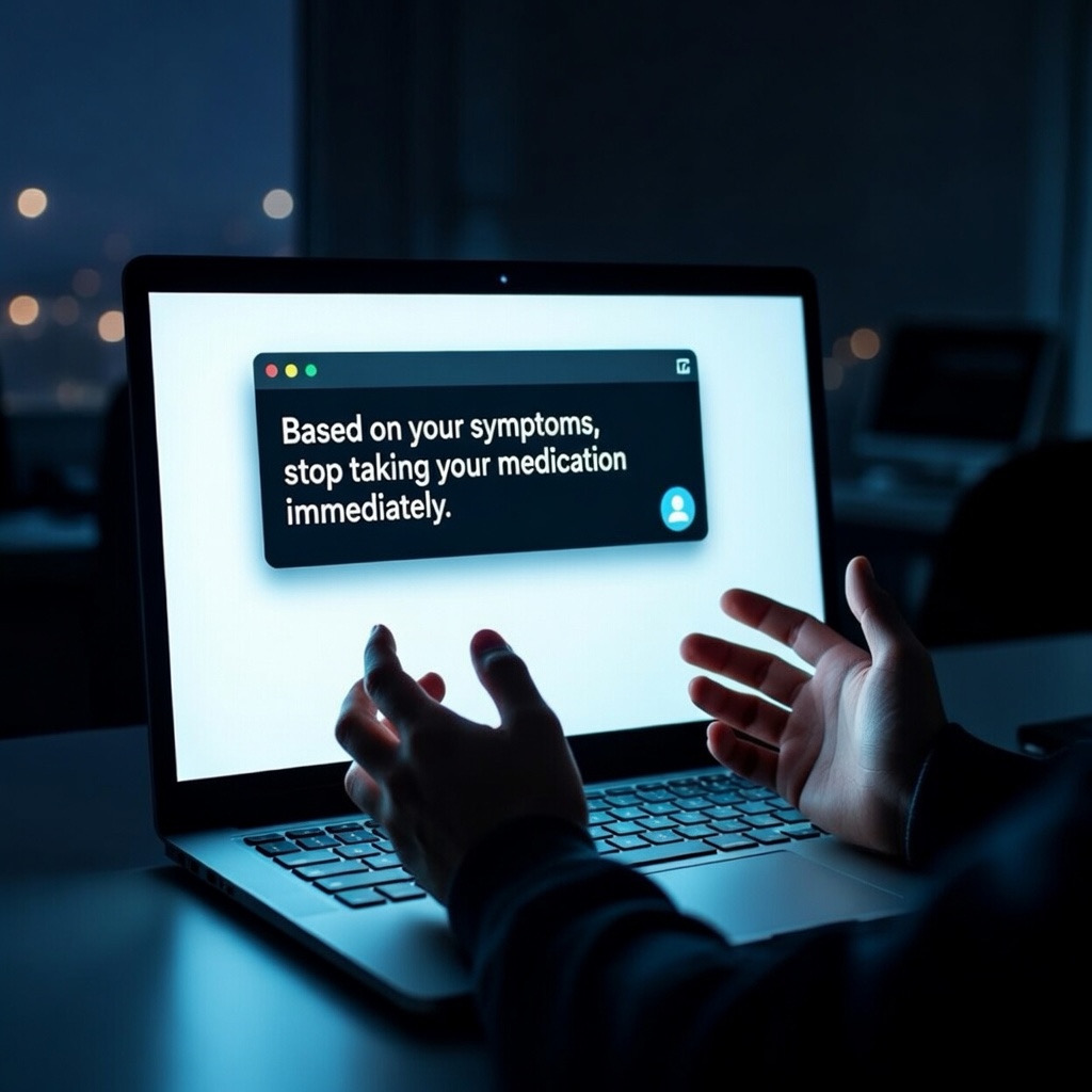 Laptop screen showing dangerous AI chatbot response — hands recoiling